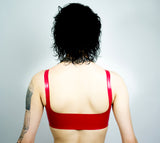 Red latex sports bra, queer techno Berlin fashion, berghain, kitkatclub