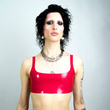 Red latex sports bra, queer techno Berlin fashion, berghain, kitkatclub